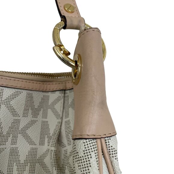 Michael Kors Jet Set Monogram Shoulder Bag Pleated White Tan Signature MK Logo - Picture 7 of 13